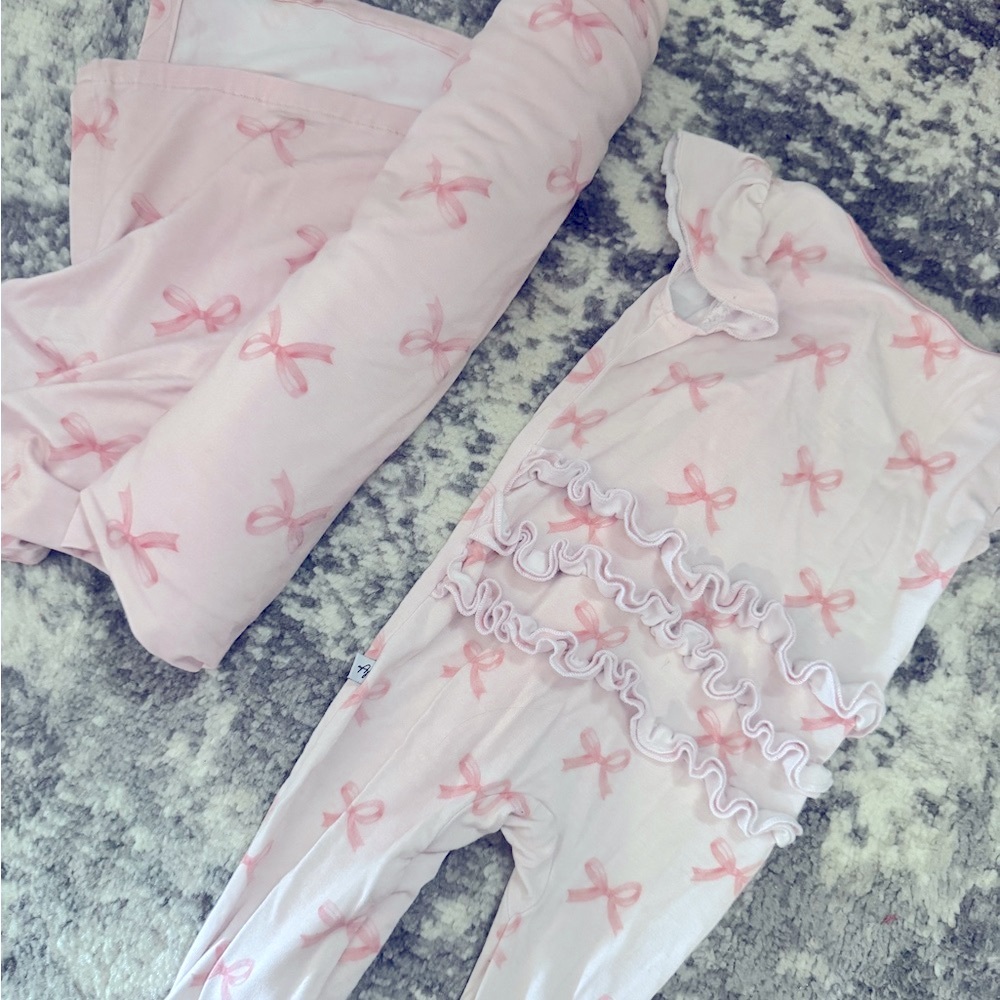 Pink Bow Ruffle Baby swaddle blanket and  Pajama